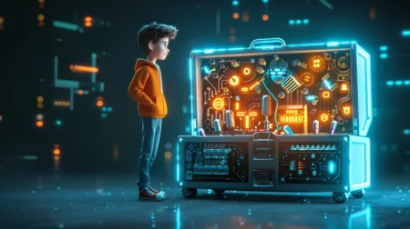 Best AI Tools For Students - student standing next to ai tool box